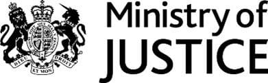 A black and white image of the ministry of justice logo.